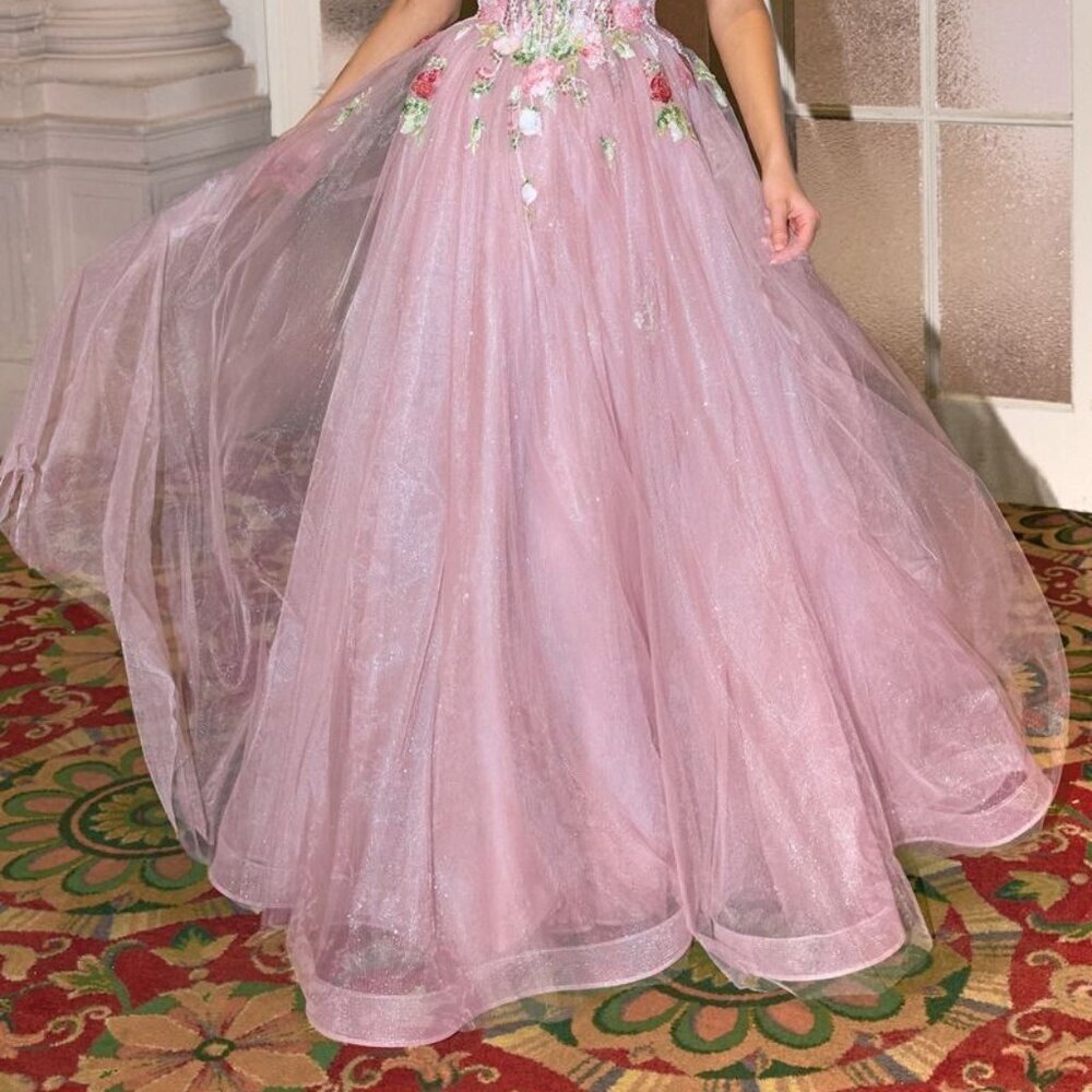 New Off Shoulder Evening Tulle Gown w/ Floral Applique & Layered Skirt CD A1479 - Picture 8 of 11